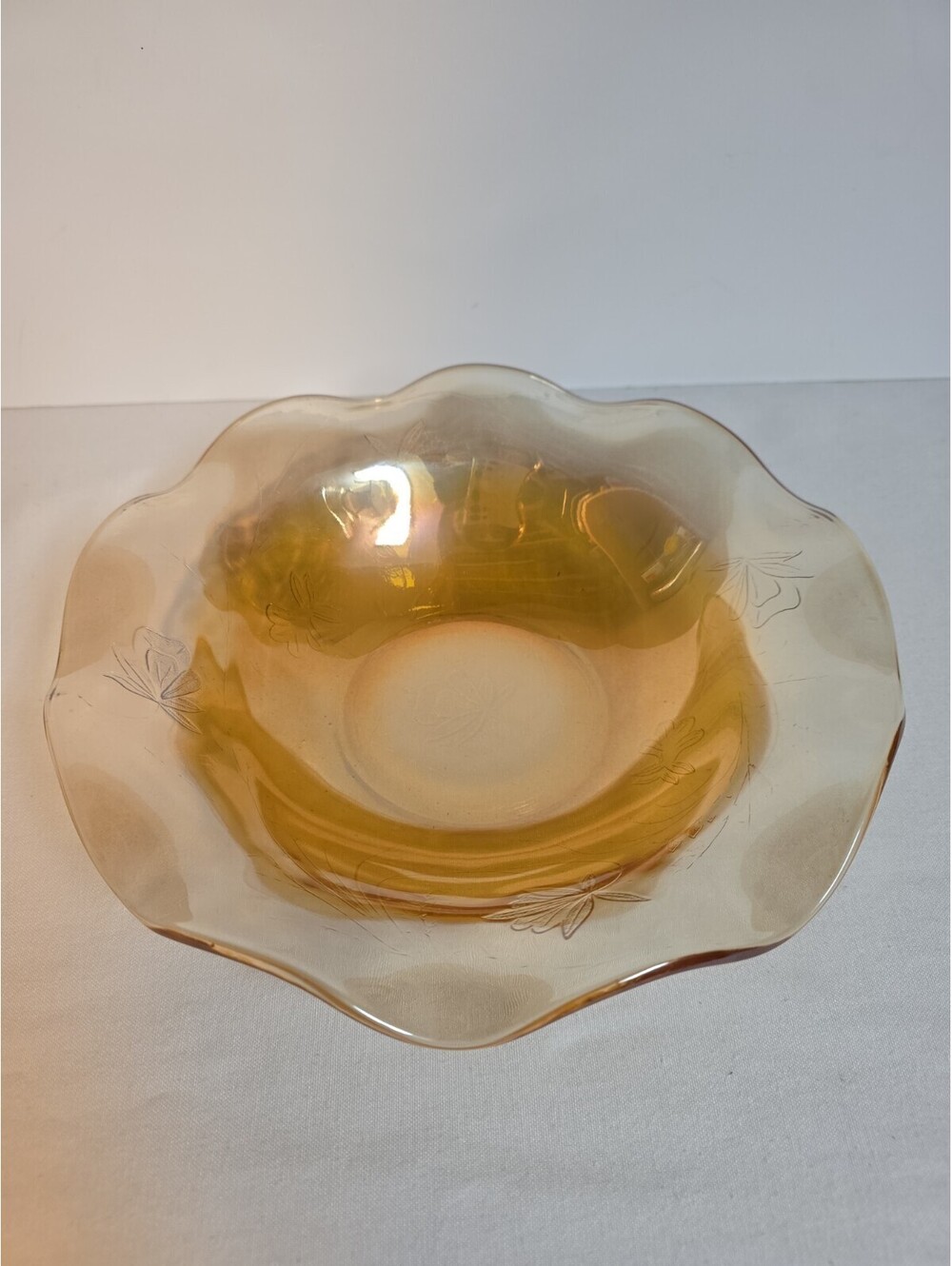 Vintage 1950s Jeannette Glass Floragold Louisa Ruffled Bowl Marigold Iridescent